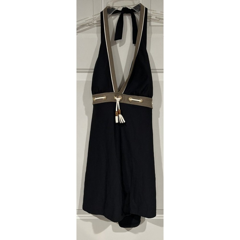 NEW Repreve Eco Swim by Aqua Green Swim Dress Black/Cream Tassel Halter Sz-14